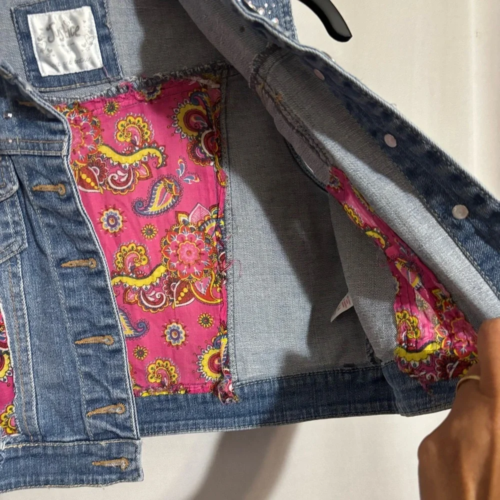 Justice size 14 Girls Embellished Denim Vest with Pink Accents Paisley Fabric